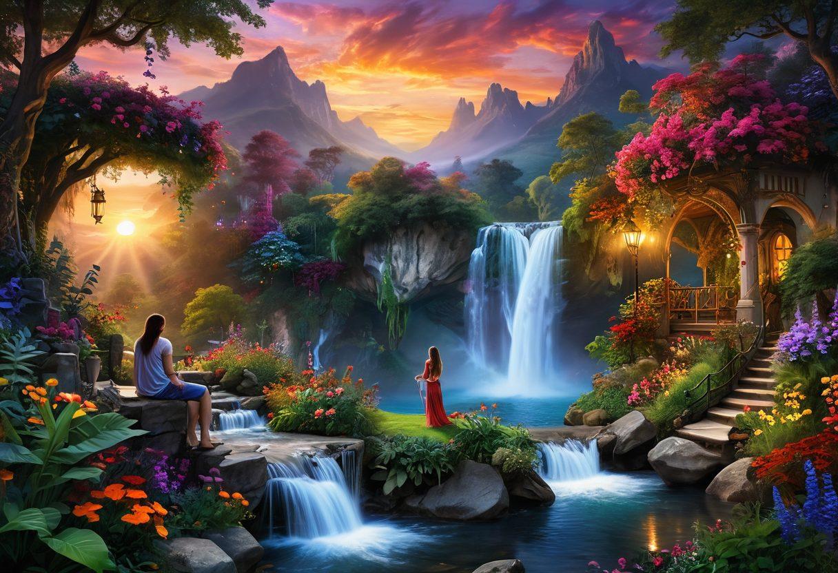 A whimsical landscape blending dream-like elements of fantasy and sensuality, featuring a lush garden with colorful flowers, an enchanting waterfall, and ethereal creatures basking in romantic light. In the foreground, a couple with captivating expressions embraces, illustrating the journey from imagination to passionate reality. The background should be filled with soft clouds and a vivid sunset, evoking a sense of adventure and exploration. vibrant colors. super-realistic.