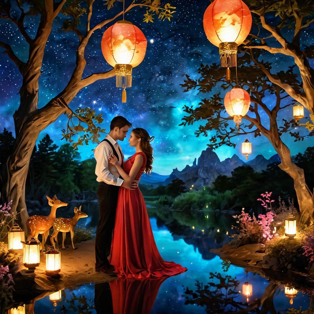 A couple exploring a magical adult fantasy world, surrounded by ethereal landscapes filled with vibrant colors and whimsical creatures that embody sensuality. The atmosphere is intimate, with soft glowing lights reflecting on their faces, conveying passion and connection. They are dressed in elegant, tantalizing attire that emphasizes allure and fantasy. Incorporate elements like floating lanterns and a starry night sky to enhance the dreamlike setting. vibrant colors. 3D.